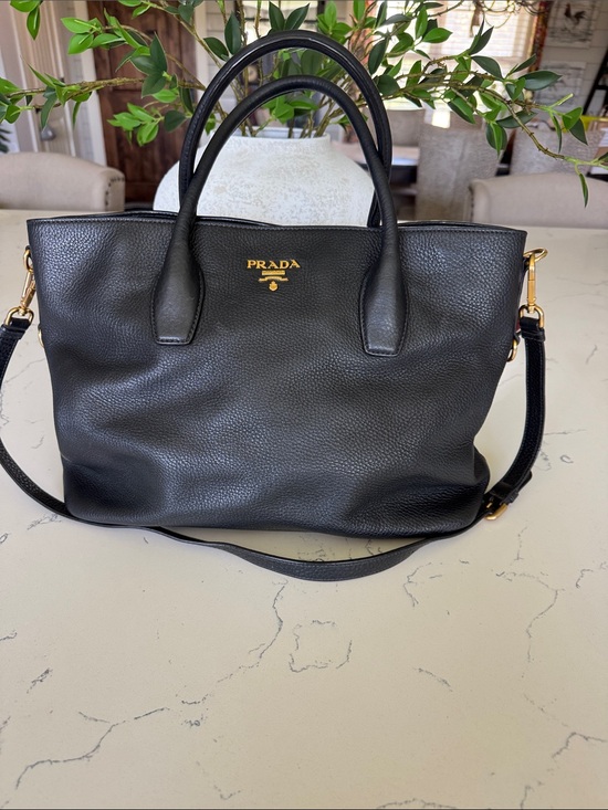 Prada Handbags - Prada Black Pebbled Leather Satchel with Gold Logo and Strap